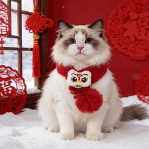 寵物圍巾 新年毛線醒獅發財配飾貓咪圍巾 款式隨機 1套 (圖片5)