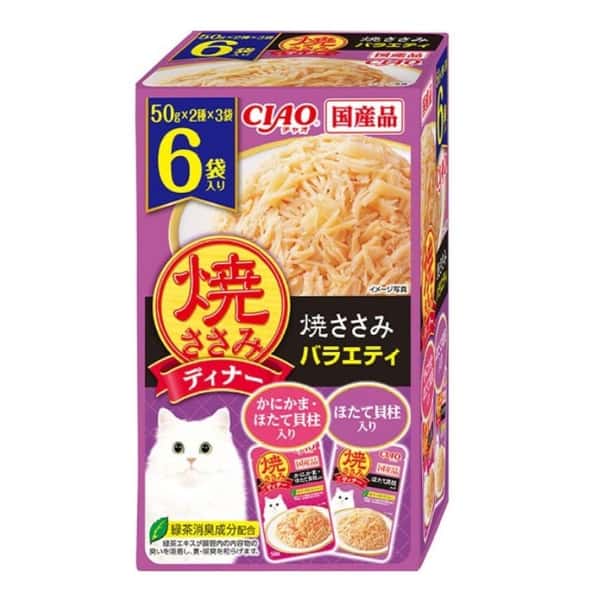 CIAO CIAO 貓濕糧 日本燒雞肉晚餐包 蟹柳扇貝+扇貝 50g 6袋入 50g  正面圖