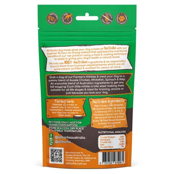 All All Barks Farmer's Nibbles 雞肉白魚粒粒狗小食 100g 100g 背面圖