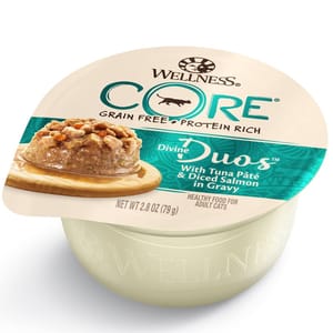 WELLNESS WELLNESS CORE 貓罐頭 無穀物 Divine Duos 雙重滋味杯 吞拿魚茸配三文魚肉丁 2.8oz 8oz  正面圖
