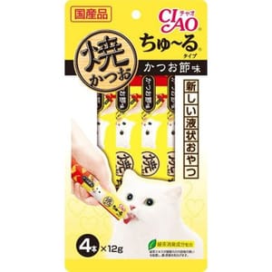 CIAO CIAO 肉泥 貓零食 燒鰹魚醬木魚肉醬 12g 4本入 12g 正面圖