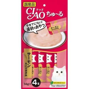 CIAO CIAO 肉泥 貓零食 三文魚雞肉醬 14g 4本入 14g  正面圖