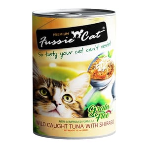Fussie Fussie Cat 貓罐頭 無穀物野生吞拿魚+白飯魚 400g 400g  正面圖