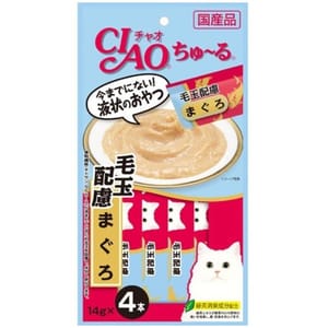 CIAO CIAO 肉泥 貓零食 化毛配方金槍魚肉醬 14g 4本入 14g  正面圖
