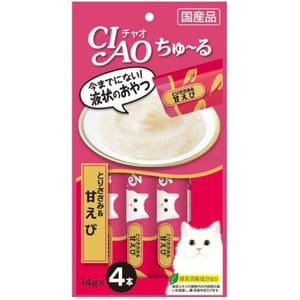 CIAO CIAO 肉泥 貓零食 雞肉及甜蝦肉醬 14g 4本入 14g 正面圖