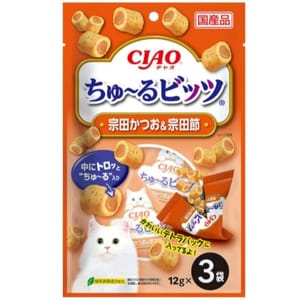 CIAO CIAO 貓零食 日本軟心零食粒 宗田鰹魚及宗田鰹魚乾味 12g 3袋入 12g 正面圖