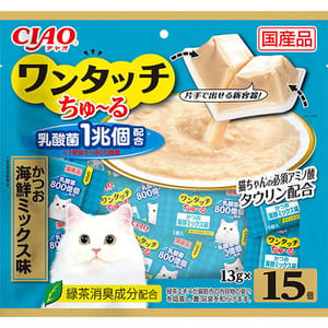 CIAO CIAO 貓零食 日本 One Touch 1兆個乳酸菌肉泥杯 鰹魚海鮮味 13g 15個入 13g 正面圖