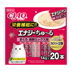 CIAO CIAO 肉泥 貓零食 2倍強化 高能量金槍魚海鮮混合味 14g 20本袋裝 14g  正面圖