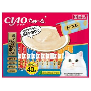 CIAO CIAO 肉泥 貓零食 金槍魚扇貝混合海鮮味 14g 40本入 14g  正面圖