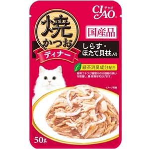 CIAO CIAO 貓濕糧 日本燒鰹魚晚餐包 白飯魚+扇貝 50g 50g 正面圖