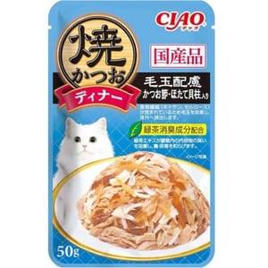 CIAO CIAO 貓濕糧 日本燒鰹魚晚餐包 毛玉配慮 鰹魚+扇貝 50g 50g 正面圖