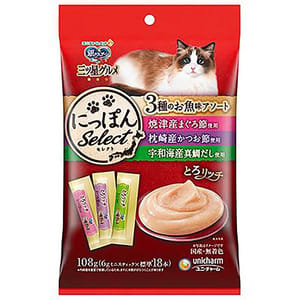 Unicharm Unicharm 貓零食 日本三星銀匙肉泥餐包 金槍魚+鰹魚+真鯛 108g 108g 正面圖