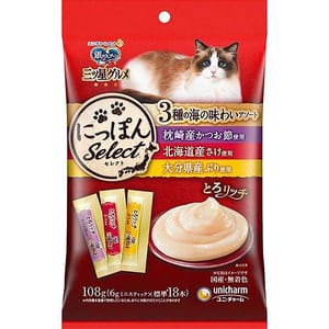Unicharm Unicharm 貓零食 日本三星銀匙肉泥餐包 鰹魚+三文魚+鰤魚 108g 108g 正面圖