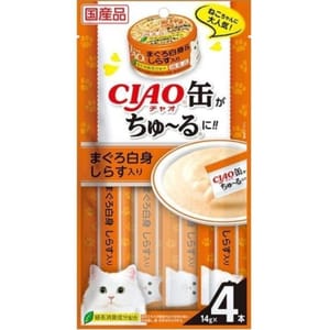 CIAO CIAO 肉泥 貓零食 缶之系列 白身金槍魚+白飯魚 14g 4本入 14g  正面圖