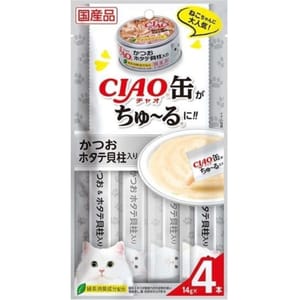 CIAO CIAO 肉泥 貓零食 缶之系列 鰹魚+扇貝 14g 4本入 14g 正面圖