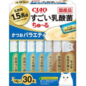 CIAO CIAO 肉泥 貓零食 1.5萬億乳酸菌 鰹魚+鰹魚乾肉醬 14g 30本入 14g 正面圖