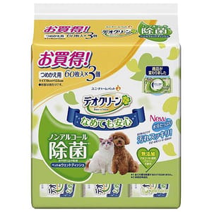 Unicharm Unicharm 日本無酒精成分 除菌濕紙巾 60枚 3包入 3包 貓犬用 正面圖