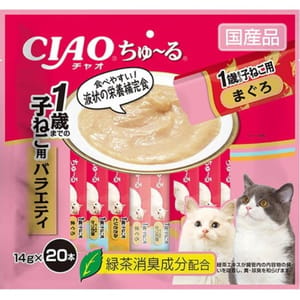 CIAO CIAO 肉泥 貓零食 1歲以下 營養補充 金槍魚+鰹魚+雞肉混合肉醬 14g 20本袋裝 14g  正面圖