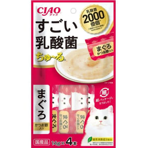 CIAO CIAO 肉泥 貓零食 2000億個乳酸菌 鰹魚乾+金槍魚肉醬 14g 4本入 14g 正面圖