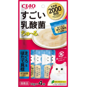 CIAO CIAO 肉泥 貓零食 2000億個乳酸菌 鰹魚乾+金槍魚扇貝肉醬 14g 4本入 14g  正面圖