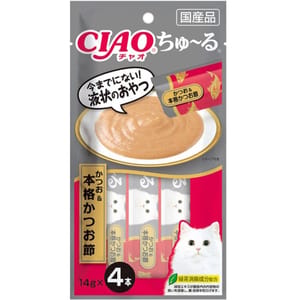 CIAO CIAO 肉泥 貓零食 鰹魚乾+鰹魚肉醬 14g 4本入 14g  正面圖