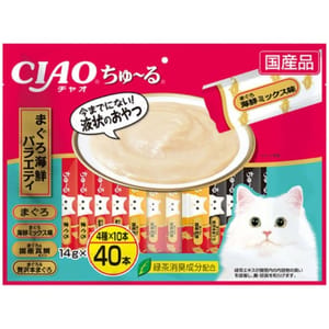 CIAO CIAO 肉泥 貓零食 金槍魚+金槍魚海鮮混合+金槍魚真鯛+豪華金槍魚 14g 40本入 14g  正面圖