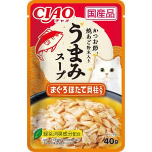 CIAO CIAO 貓濕糧 日本滋味湯軟包系列 金槍魚扇貝+飛魚乾粉 40g 40g  正面圖