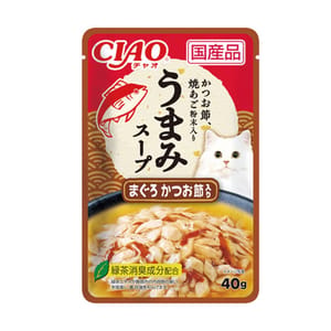 CIAO CIAO 貓濕糧 日本滋味湯軟包系列 金槍魚鰹魚節+飛魚乾粉 40g 40g  正面圖