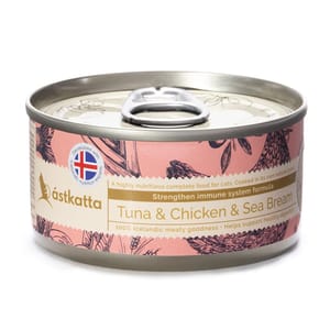 Astkatta Astkatta 冰島罐 貓罐頭 强化免疫力主食配方 白鰹吞拿雞肉海鱸 80g 80g  正面圖