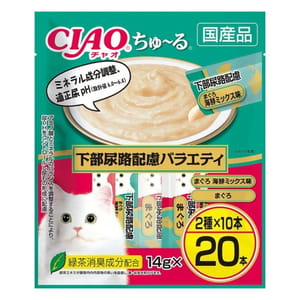 CIAO CIAO 肉泥 貓零食 下部尿路配慮 金槍魚海鮮及金槍魚味 兩種味混合 14g 20本袋裝 14g 正面圖