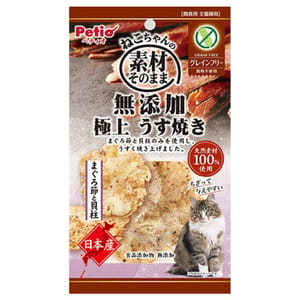 Petio Petio 無穀物貓零食 日本產無添加 極上燒吞拿魚節 &扇貝薄片 3g 3g 正面圖