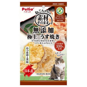 Petio Petio 無穀物貓零食 日本產無添加 極上燒鰹魚節 &扇貝薄片 3g 3g 正面圖