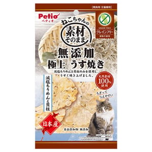 Petio Petio 無穀物貓零食 日本產無添加 極上燒減鹽沙甸魚仔&扇貝薄片 3g 3g 正面圖