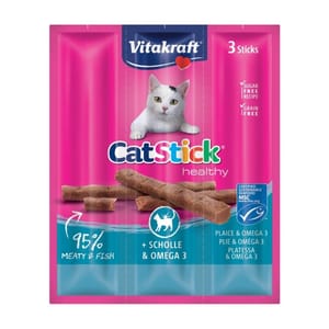 Vitakraft Vitakraft 貓零食 亮毛健膚肉條 比目魚+Omega3 6g*3條 6g  正面圖