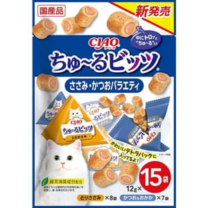 CIAO CIAO 貓零食 日本軟心零食粒 雞肉及鰹魚味組合裝 12g 15袋入 12g 正面圖