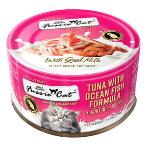 Fussie Fussie Cat 貓罐頭 主食罐 極品吞拿魚 + 海魚 Tuna with Ocean Fish Formula in Goat Milk Gravy 70g 70g 正面圖