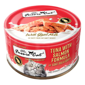 Fussie Fussie Cat 貓罐頭 主食罐 極品吞拿魚 + 三文魚 Tuna with Salmon Formula in Goat Milk Gravy 70g 70g  正面圖