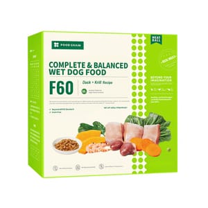 FOOD FOOD CHAIN F60成⽝全營養低溫鮮煮主⻝糧 鴨⾁+磷蝦 100g 6包裝 100g 正面圖