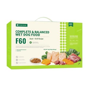 FOOD FOOD CHAIN F60成⽝全營養低溫鮮煮主⻝糧 鴨⾁+磷蝦 100g 30包裝 100g 正面圖