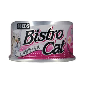SEEDS SEEDS 貓罐頭 Bistro機能鮪魚銀罐 ⽩身鮪⿂+⽜⾁+Oligo 80g 80g 正面圖