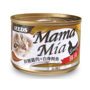 SEEDS SEEDS 貓罐頭 Mamamia機能雞湯罐 鮮嫩雞⾁+⽩身鮪⿂+維他命E 170g 170g  正面圖