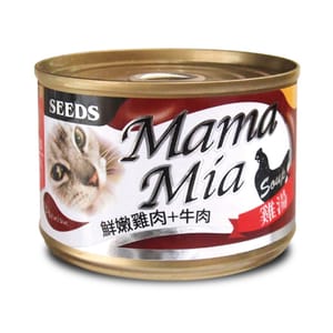 SEEDS SEEDS 貓罐頭 Mamamia機能雞湯罐 鮮嫩雞⾁+⽜⾁+⽜磺酸 170g 170g  正面圖