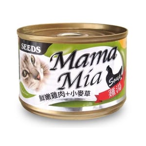SEEDS SEEDS 貓罐頭 Mamamia機能雞湯罐 鮮嫩雞⾁+⼩⿆草+纖維素 170g 170g  正面圖