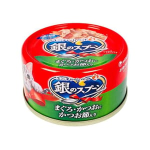 Unicharm Unicharm 貓罐頭 銀匙特級成貓罐頭 鰹⿂⾦槍⿂配⽅+⽊⿂花 70g 70g  正面圖