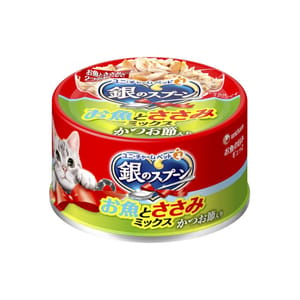 Unicharm Unicharm 貓罐頭 銀匙特級成貓罐頭 雞⾁鰹⿂⾦槍⿂配⽅ 70g 70g  正面圖