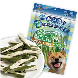 每日潔 每日潔 雙色螺旋保健潔牙骨 袋裝 心臟養護 葉綠素+牛奶 300g 300g  正面圖