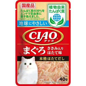 CIAO CIAO 貓濕糧 日本 INABA 植物蛋白 金槍魚片雞柳扇貝味 40g 40g  正面圖