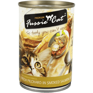 Fussie Fussie Cat 貓罐頭 煙三文魚汁沙丁魚 400g 400g 正面圖