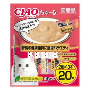 CIAO CIAO 肉泥 貓零食 腎臓健康維持 金槍魚什錦海鮮肉醬 14g 20本袋裝 14g 正面圖