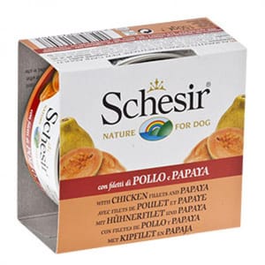 Schesir Schesir 水果狗罐頭 雞肉絲及木瓜飯 150g 150g 正面圖